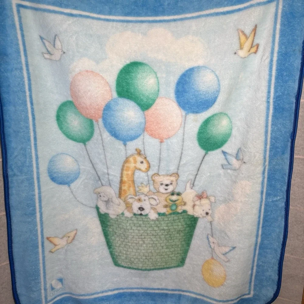 Vintage NovaTex Baby Blanket‎ Hot Air Balloon Nursery Animals Zoo Clouds 43 X 51